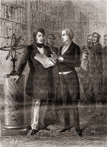 Urbain Jean Joseph Le Verrier, à droite, reçu par le roi Louis-Philippe, à gauche, aux Tuileries, Paris, France, après sa découverte de la planète Neptune en 1846, extrait de Les Merveilles de la Science - French School